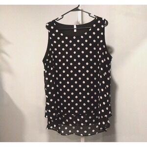 Jouica Size XL Sheer Black/Gray Polka Dot Tiered Pullover Blouse High-Low Hem